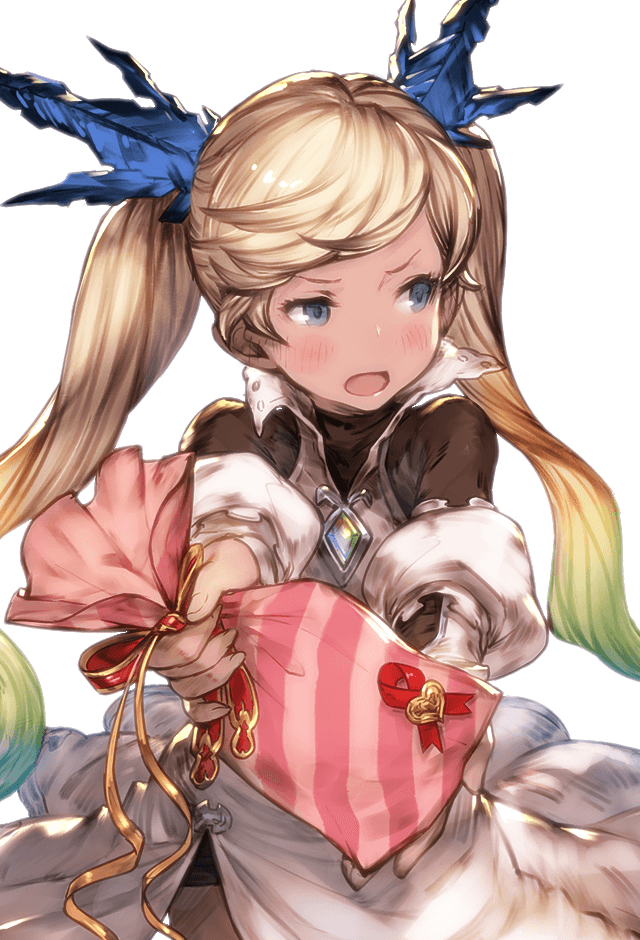 1girl artist_request blonde_hair blue_eyes blue_hair blush gift gradient_hair granblue_fantasy green_hair hair_ornament io_(granblue_fantasy) itsukia long_hair looking_away looking_to_the_side multicolored_hair open_mouth pov solo tan transparent_background twintails upper_body