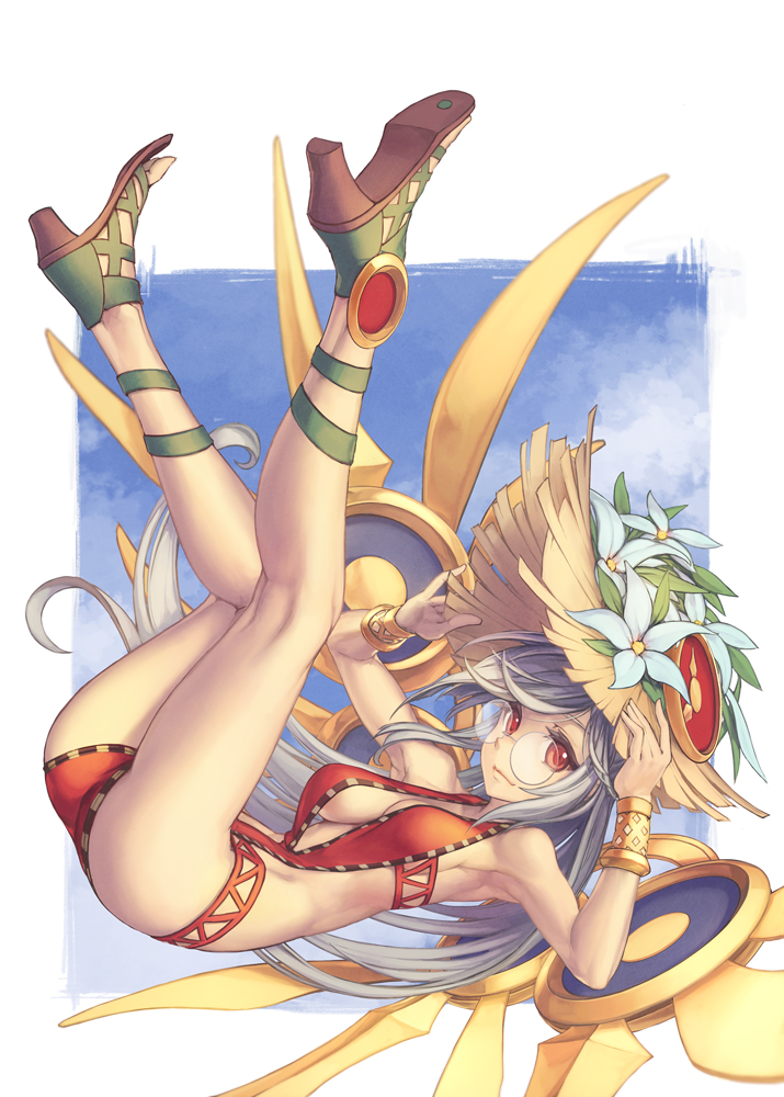 1girl ass bare_shoulders bikini blue_sky bracer breasts clock clouds flower glasses grey_hair hands_on_headwear hat hat_flower hat_leaf high_heels kneepits leaf legs_up lily_(flower) long_hair mechanical_wings one-piece_swimsuit puzzle_&amp;_dragons red_bikini red_swimsuit rotix round_glasses sky smile solo straw_hat swimsuit urd_(p&amp;d) wings