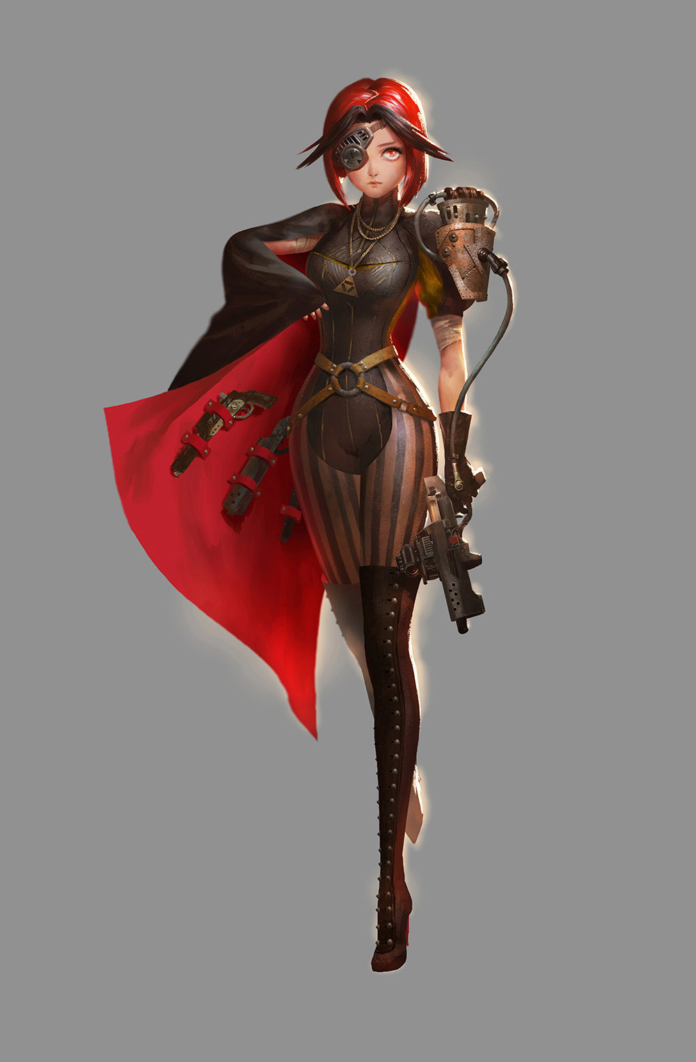 1girl black_hair boots cape eyepatch gun highres jewelry lost_elle multicolored_hair necklace original pixiv_fantasia pixiv_fantasia_t red_eyes redhead short_hair simple_background solo steampunk two-tone_hair weapon