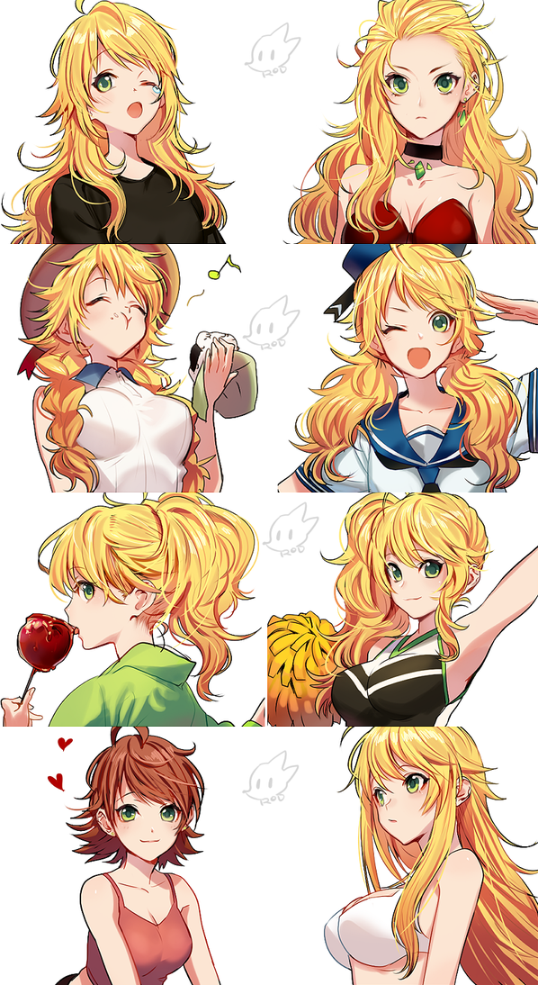 1girl :d alternate_hairstyle armpits artist_name awakened_miki bare_shoulders bikini blonde_hair braid breasts brown_hair candy_apple character_request cheerleader choker cleavage closed_eyes eating food green_eyes heart hoshii_miki idolmaster large_breasts long_hair looking_back musical_note one_eye_closed onigiri open_mouth pom_poms ponytail profile rod_(rod4817) short_hair side_ponytail smile solo swimsuit tank_top tears tongue twin_braids twintails white_bikini white_swimsuit