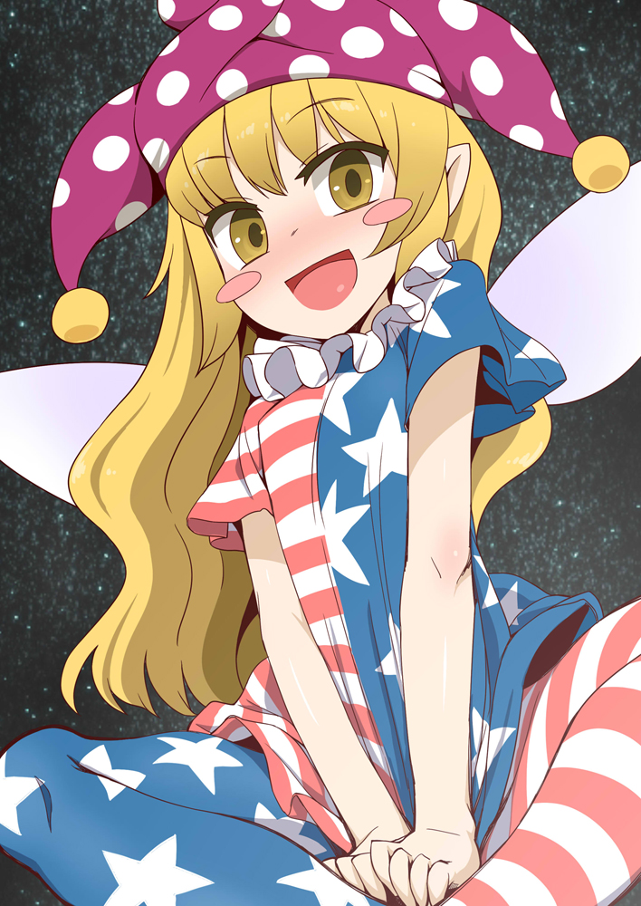 1girl american_flag american_flag_legwear american_flag_shirt blonde_hair blush clownpiece fairy_wings frilled_collar hat jester_cap leggings long_hair looking_at_viewer open_mouth pantyhose smile solo star touhou wings yassy yellow_eyes