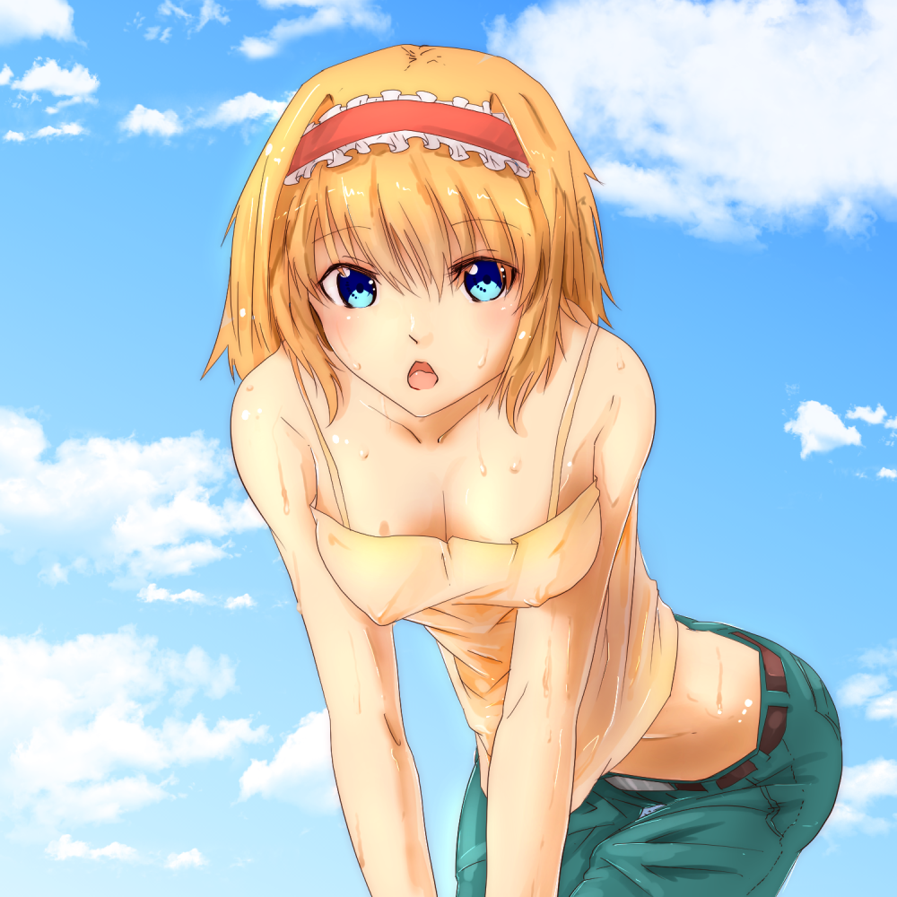 1girl 370ml alice_margatroid alternate_costume belt bending_forward bent_over blonde_hair blue blue_eyes breasts casual clouds cloudy_sky denim eyes hair_ornament hairband jeans looking_at_viewer midriff open_mouth outdoors pants short_eyebrows short_hair sky solo sweat sweating touhou wet