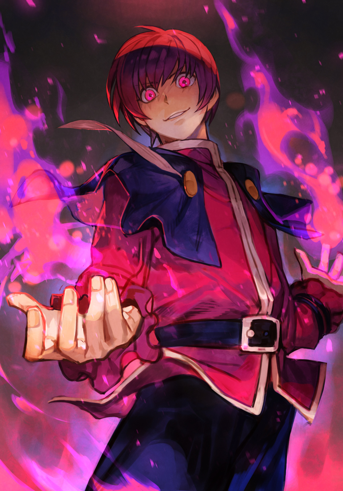 1boy aura belt black_background brown_hair chris_(kof) coat cowboy_shot dark_aura dark_persona evil_grin evil_smile fire foreshortening grin hankuri long_sleeves looking_at_viewer looking_down official_alternate_costume pants purple_fire pyrokinesis smile snk the_king_of_fighters the_king_of_fighters_'97 the_king_of_fighters_xv violet_eyes