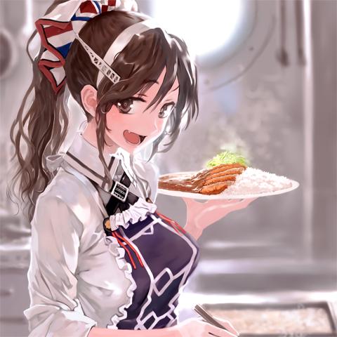 1girl :d adapted_costume alternate_hairstyle apron ashigara_(kantai_collection) bangs blurry bob_(biyonbiyon) brown_eyes brown_hair chopsticks curry curry_rice depth_of_field fangs food frilled_apron frills hair_between_eyes hair_up hairband holding holding_plate kantai_collection katsudon_(food) long_hair lowres official_art open_mouth plate ponytail porthole remodel_(kantai_collection) shirt sidelocks smile solo steam teeth upper_body white_shirt window
