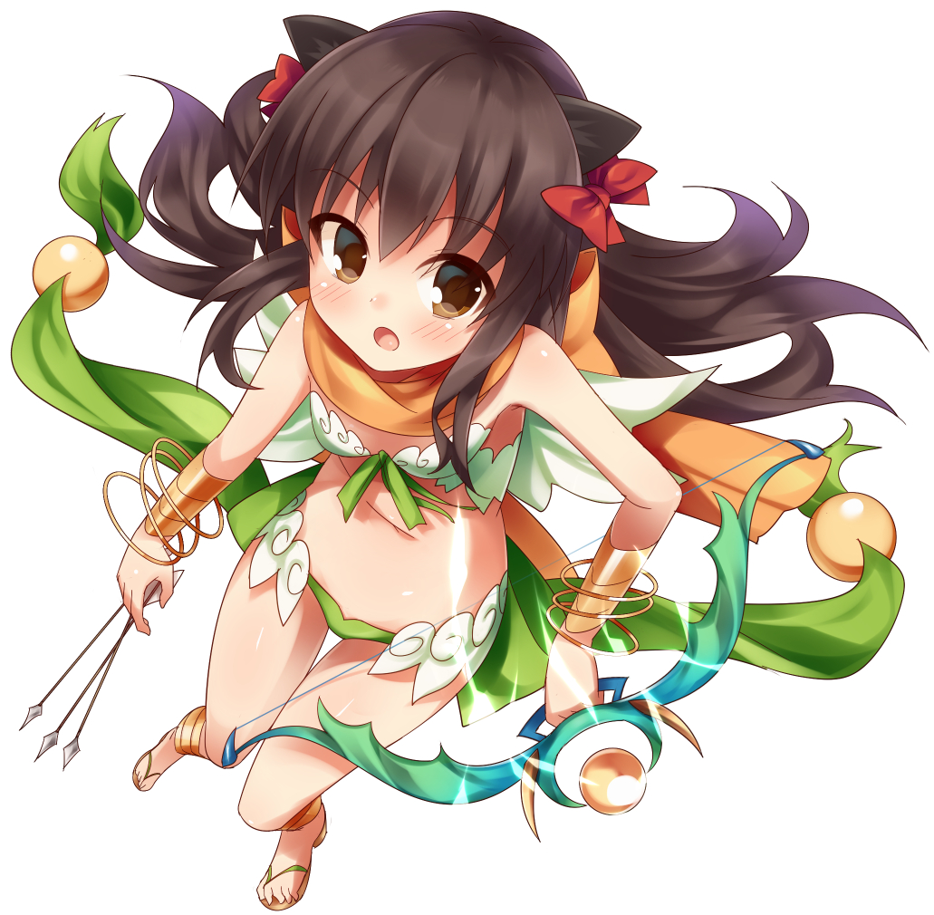 1girl :o animal_ears ankleband archer_(ragnarok_online) arrow bangle black_hair blush bow bow_(weapon) bow_bra bra bracelet bracer brown_eyes cat_ears clog_sandals dot_nose green_panties green_ribbon jewelry midriff mini_wings navel open_mouth orange_scarf panties ragnarok_online red_bow ribbon scarf scarf_bow small_breasts solo takashiru underwear underwear_only weapon wings