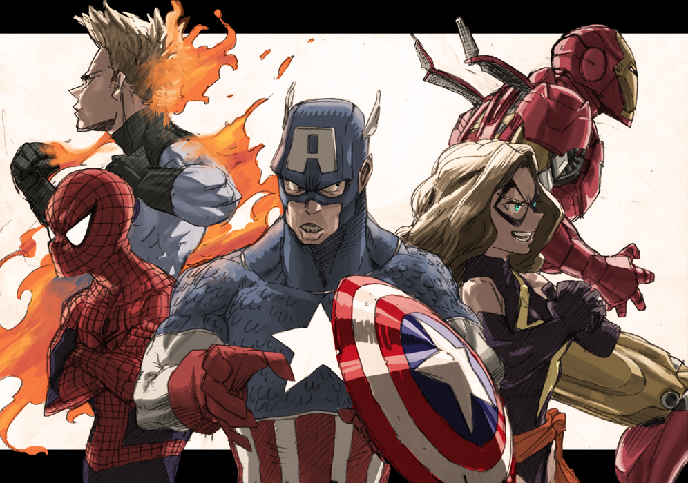 1girl 4boys captain_america carol_danvers horikoshi_kouhei iron_man johnny_storm marvel ms._marvel multiple_boys spider-man steve_rogers superhero tony_stark