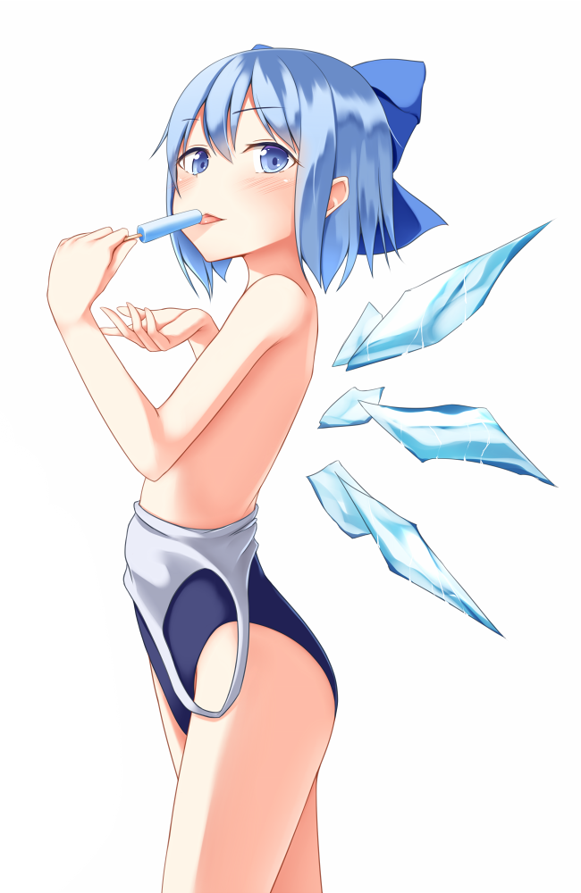 1girl bare_shoulders blue_eyes blue_hair blush cirno hair_ornament hair_ribbon ice ice_wings looking_at_viewer one-piece_swimsuit popsicle pspmaru ribbon short_hair simple_background smile solo swimsuit swimsuit_pull tongue touhou white_background wings