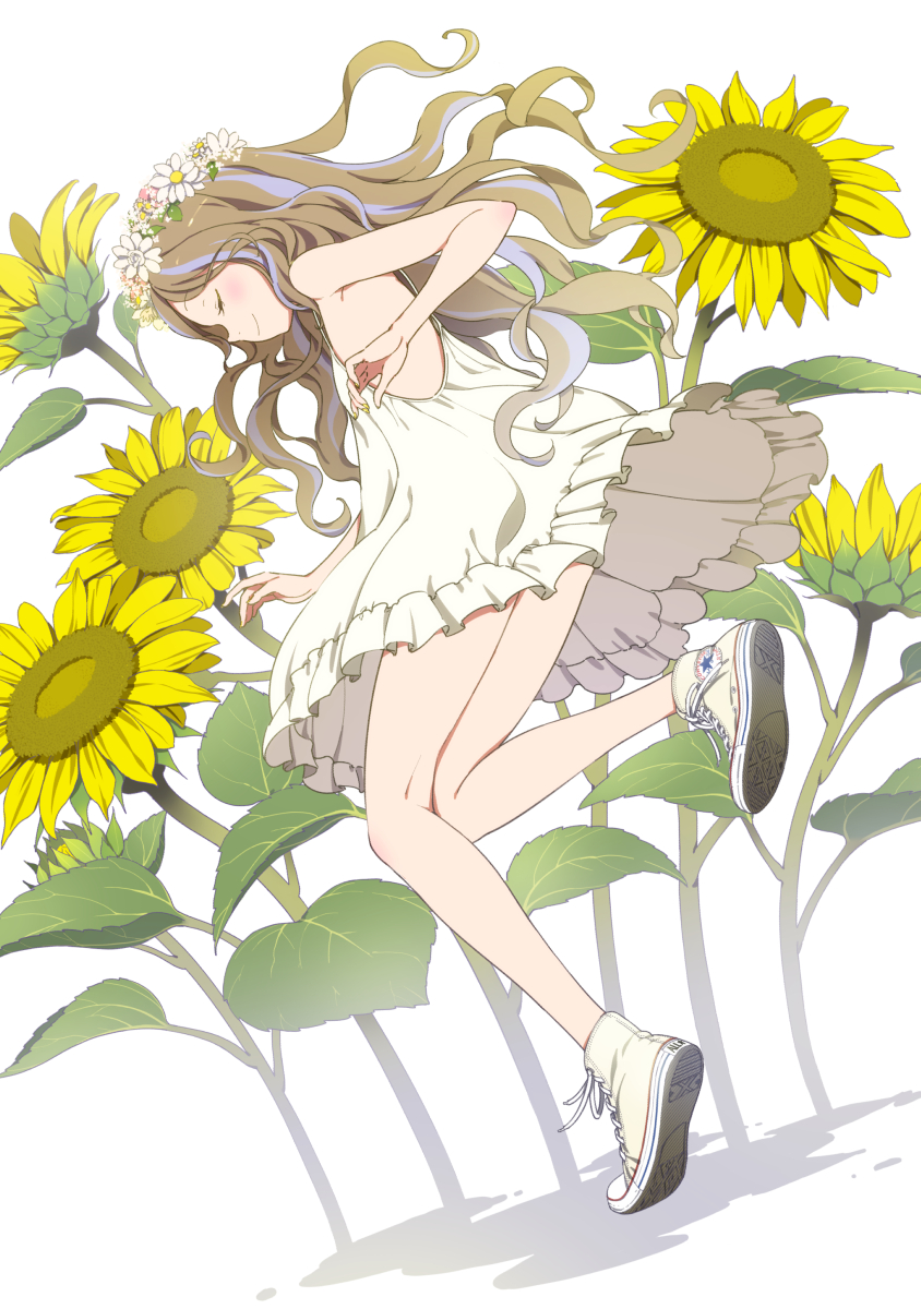 1girl bare_arms bare_legs brown_hair closed_eyes commentary_request dress flower head_wreath highres kansou_hada long_hair no_socks original shoes smile solo sunflower white_dress white_shoes