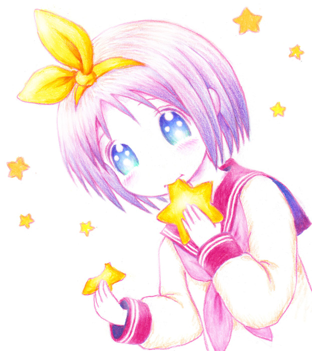 1girl blue_eyes bow colored_pencil_(medium) dutch_angle eating hair_bow hiiragi_tsukasa leica looking_at_viewer lucky_star purple_hair school_uniform simple_background star traditional_media white_background