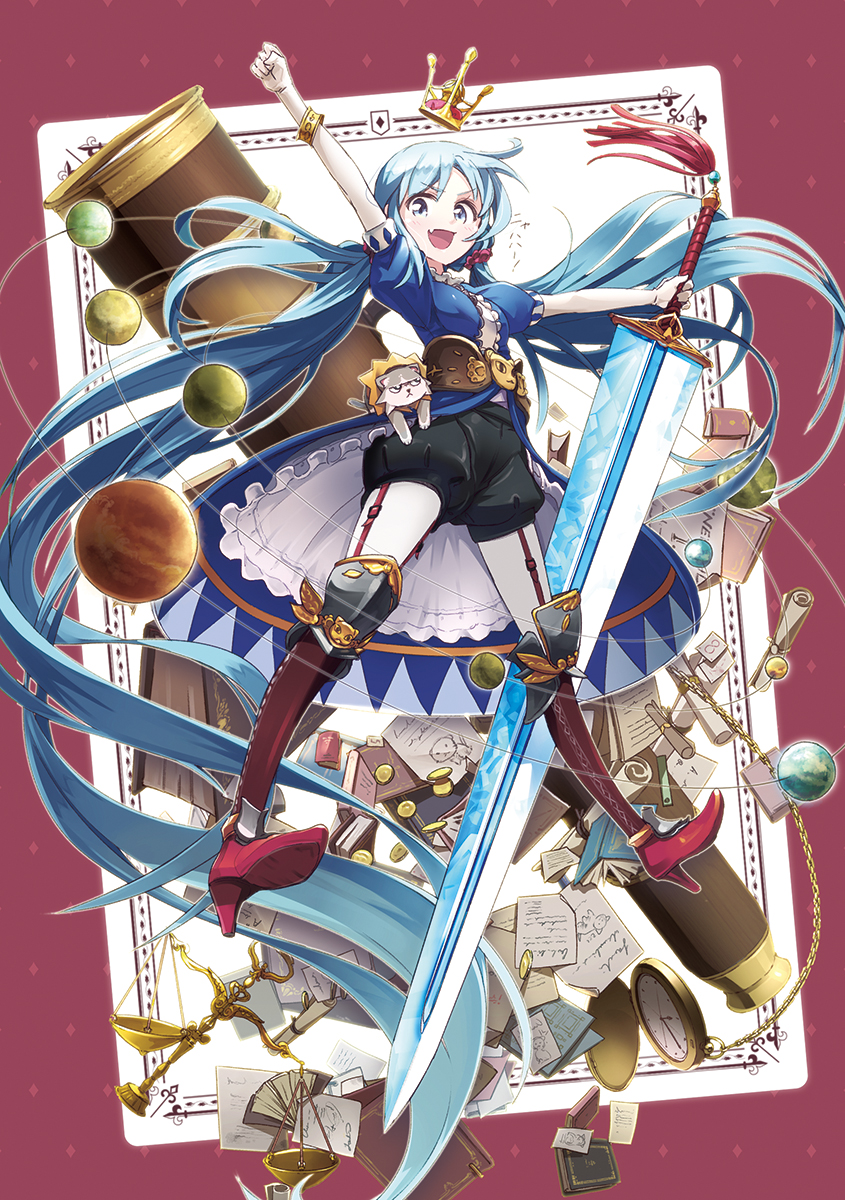 1girl blue_eyes blue_hair book cat crown fantasy highres long_hair original paper planet pocket_watch pomon_illust scroll solo sword telescope twintails watch weapon