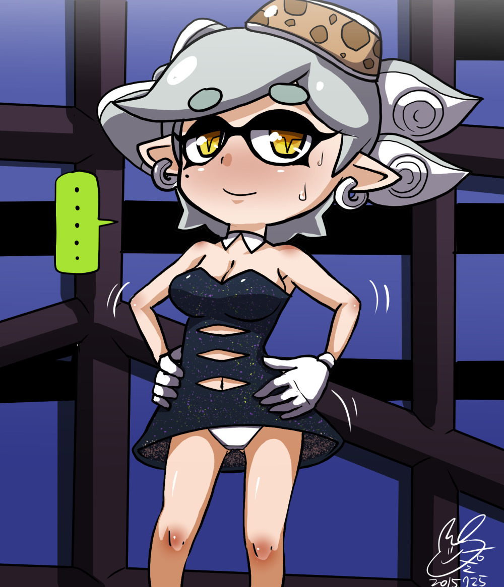 +_+ 1girl 2015 black_dress blush breasts cleavage dancing dated detached_collar domino_mask dress embarrassed gloves grey_hair hair_rings hands_on_hips hotaru_(splatoon) large_breasts mask mole mole_under_eye navel no_legwear object_on_head panties pointy_ears short_hair smile solo splatoon strapless_dress symbol-shaped_pupils underwear usa_(dai9c_carnival) white_gloves white_panties yellow_eyes