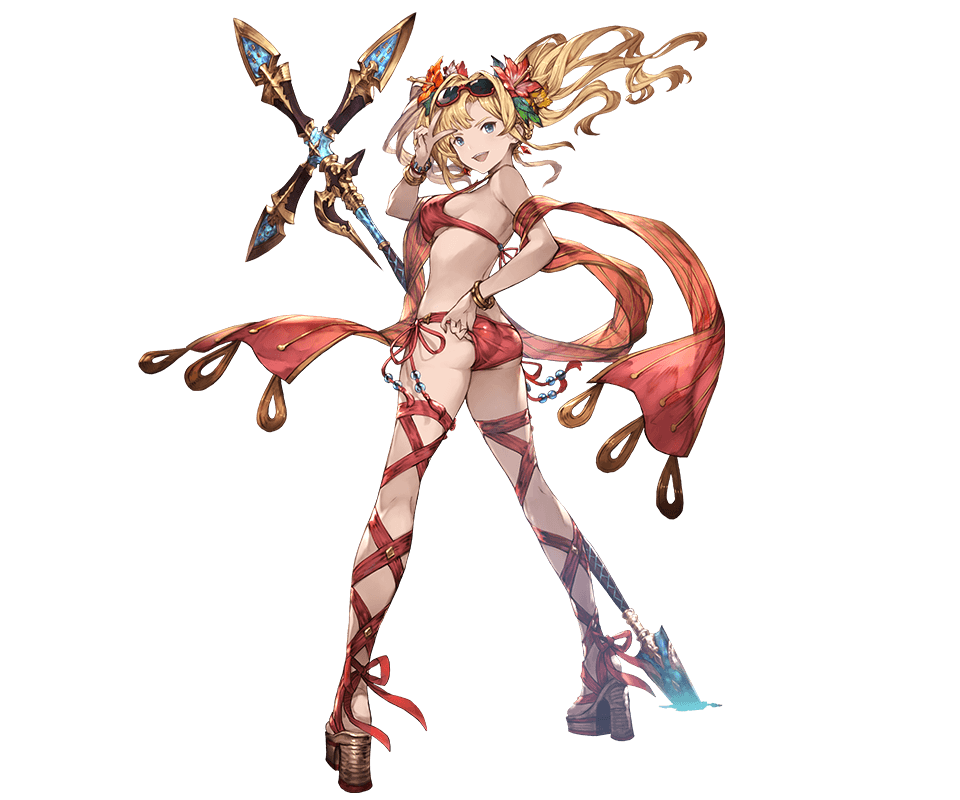 &gt;:d 1girl :d adjusting_clothes adjusting_swimsuit ass bangs bikini blonde_hair blue_eyes bracelet breasts flower from_behind full_body granblue_fantasy hair_flower hair_intakes hair_ornament high_heels jewelry leaf long_hair looking_back minaba_hideo official_art open_mouth planted_weapon polearm red_bikini red_legwear side-tie_bikini sideboob smile solo spear standing strap_gap sunglasses sunglasses_on_head swimsuit thigh-highs transparent_background twintails v weapon zeta_(granblue_fantasy)