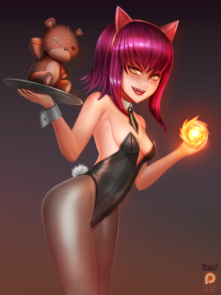 1girl animal_ears annie_hastur badcompzero bunny_tail bunnysuit fake_animal_ears fang fire league_of_legends long_hair looking_at_viewer pantyhose pink_hair small_breasts smile tail thighs tibbers tray yellow_eyes