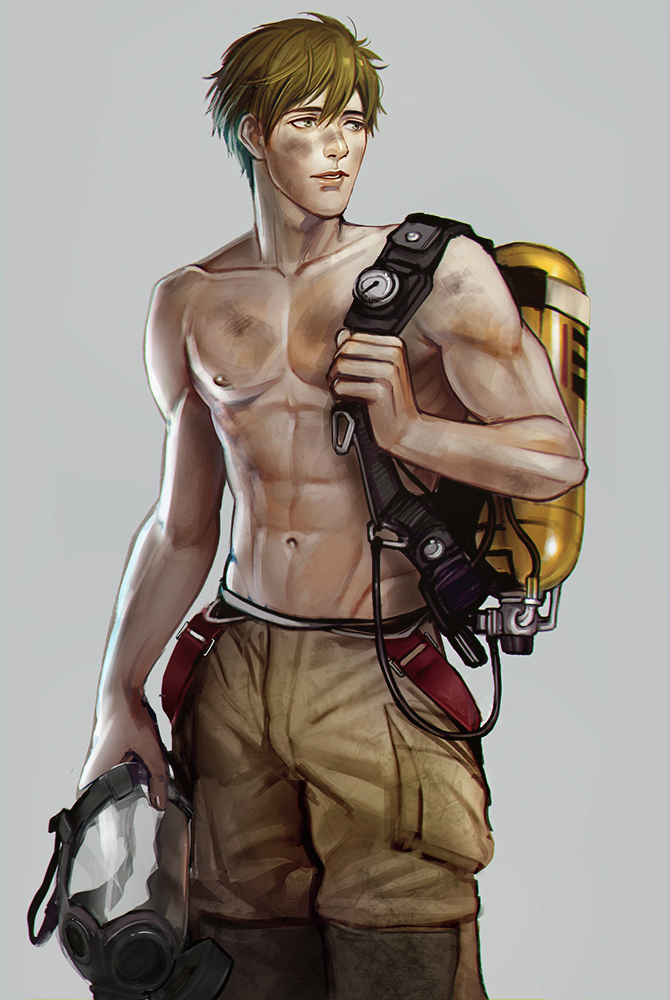 1boy brown_hair dirty free! holding_mask male_focus mask mask_removed mistermagnolia muscle oxygen_tank shirtless solo tachibana_makoto