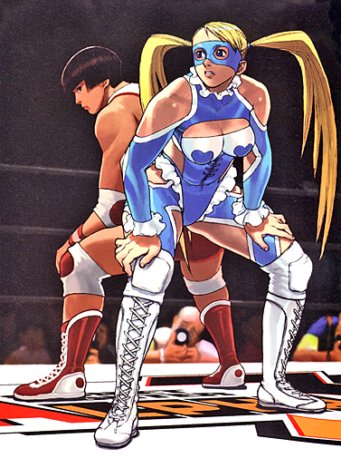 2girls 90s artist_request ass-to-ass back-to-back bare_shoulders black_hair blonde_hair blue_eyes boots breasts cleavage cleavage_cutout cross-laced_footwear detached_sleeves hands_on_own_knees knee_pads lace-up_boots large_breasts leotard long_hair multiple_girls nose official_art rainbow_mika short_hair street_fighter street_fighter_zero street_fighter_zero_3 twintails wrestling_mask wrestling_outfit wrestling_ring yamato_nadeshiko_(street_fighter)