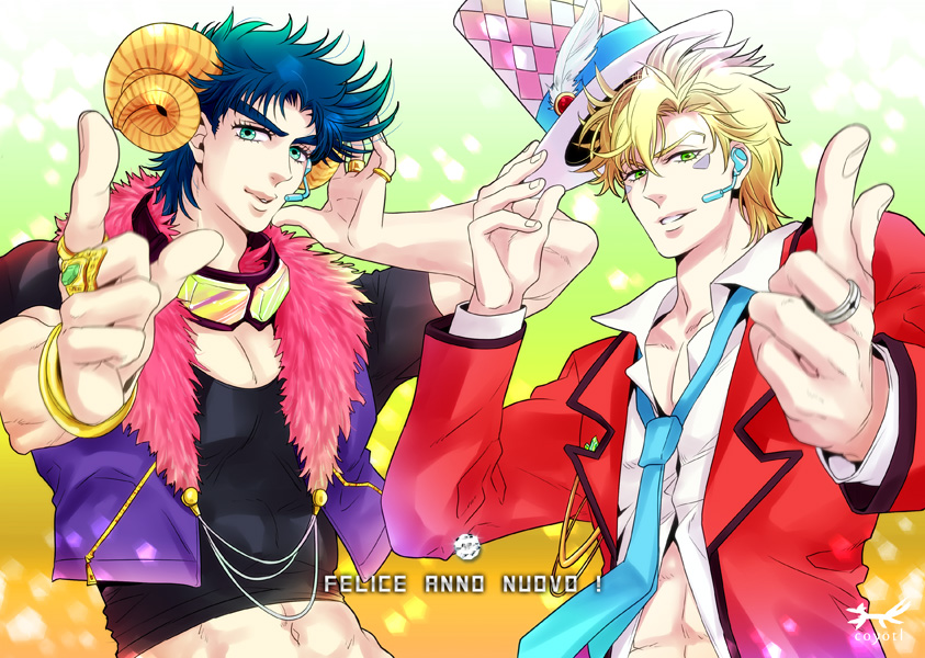 2boys artist_name black_hair blonde_hair caesar_anthonio_zeppeli feather_boa goggles goggles_around_neck green_eyes hat hat_feather horns ito_koi jewelry jojo_no_kimyou_na_bouken joseph_joestar_(young) kemonomimi_mode midriff multiple_boys necktie pointing ring sheep_horns top_hat watermark