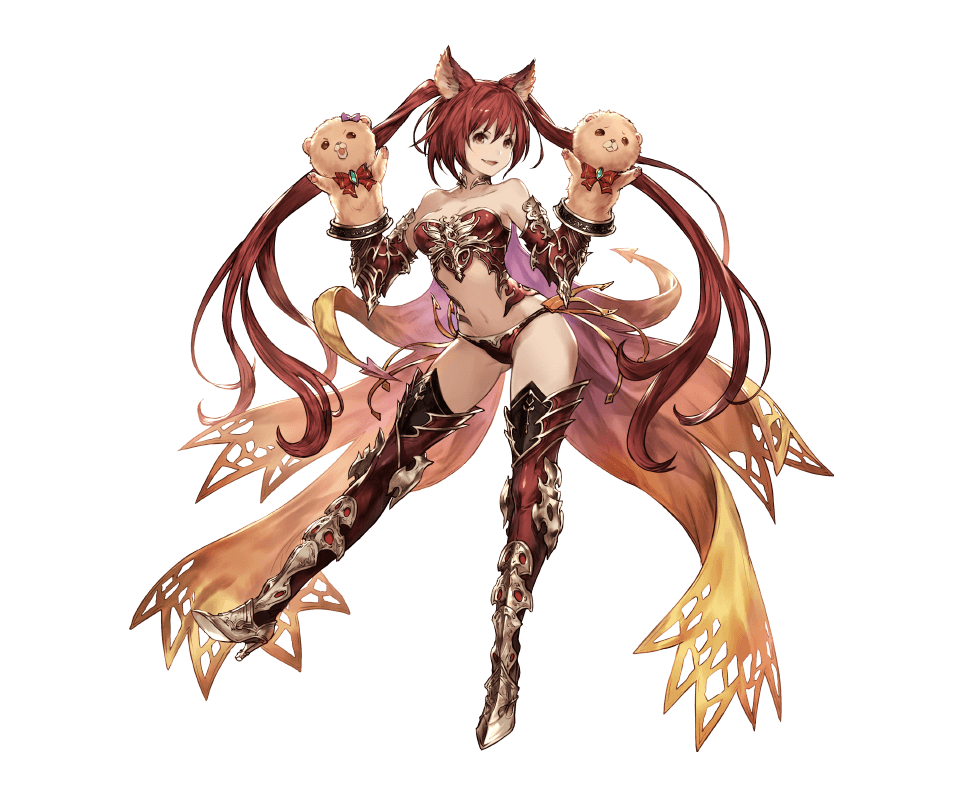 &gt;:d 1girl :d animal_ears armor bangs bare_shoulders bikini_armor bow breasts cerberus_(granblue_fantasy) cleavage collarbone dog_ears fang full_body granblue_fantasy groin hair_between_eyes hand_puppet high_heels jewelry long_hair minaba_hideo navel neck_ring official_art open_mouth orange_eyes panties puppet purple_bow red_legwear red_panties redhead smile solo thigh-highs transparent_background twintails underwear