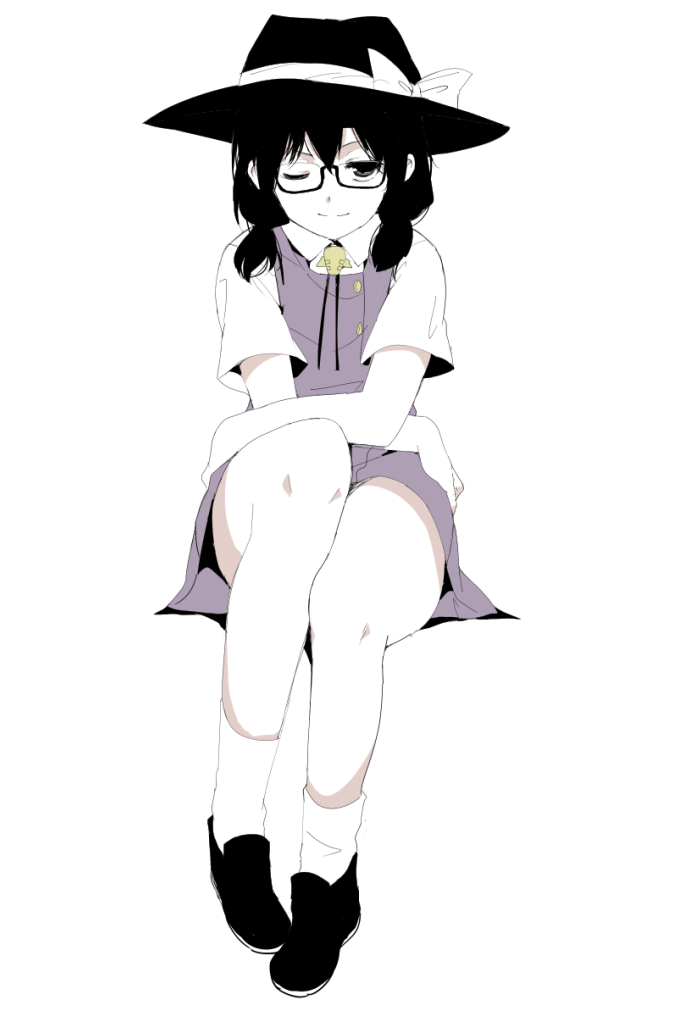 1girl alternate_hair_color black-framed_glasses black_hair dress flat_color full_body glasses hasebe_yuusaku hat hat_ribbon looking_at_viewer low_twintails one_eye_closed ribbon shoes short_sleeves simple_background sitting smile socks solo touhou twintails usami_sumireko white_background white_legwear