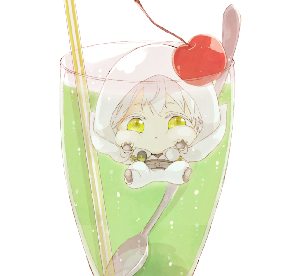 1boy cherry drink drinking_straw food fruit gloves hiiragi_fuyuki hood japanese_clothes male_focus miniboy partly_fingerless_gloves pom_pom_(clothes) spoon touken_ranbu tsurumaru_kuninaga white_hair yellow_eyes