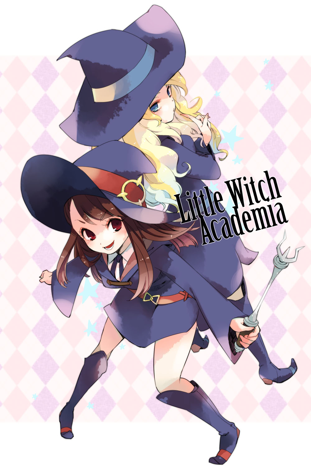 2girls akko_kagari back-to-back blonde_hair blue_eyes boots brown_hair copyright_name diana_cavendish hat highres little_witch_academia long_hair multiple_girls red_eyes wand witch witch_hat