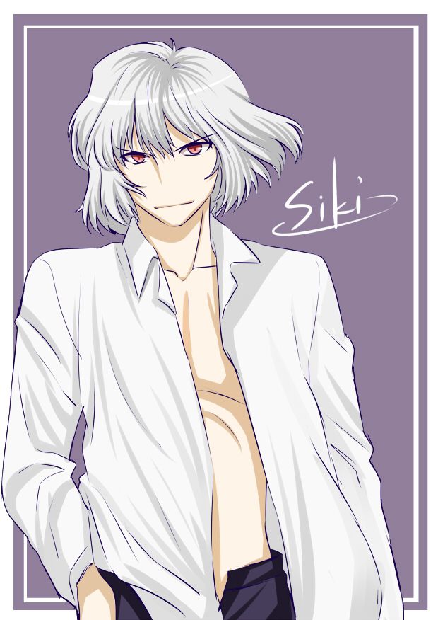 1boy character_name male_focus open_clothes open_shirt red_eyes shirt short_hair silver_hair solo toono_shiki_(2) tsukihime urako