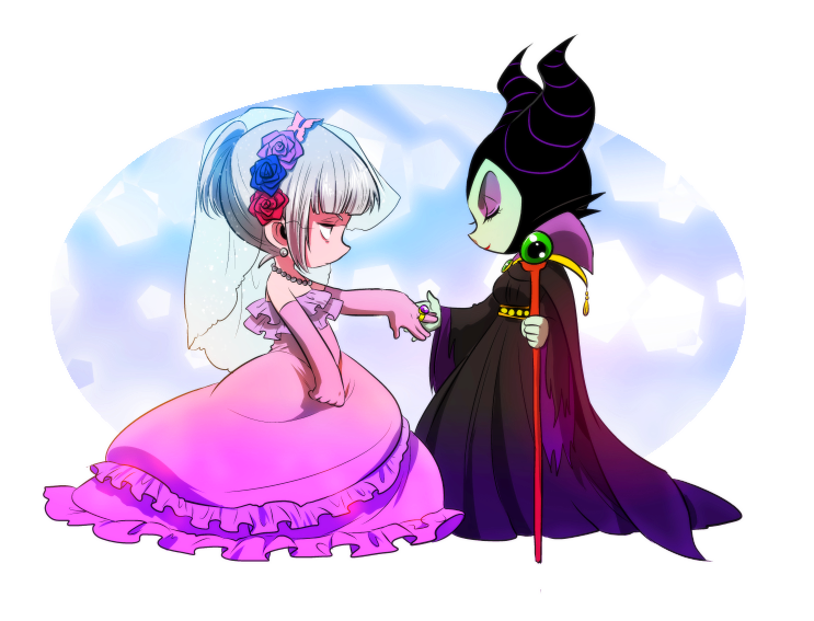 1boy 1girl bridal_veil chibi claude_frollo closed_eyes crossdressinging disney dress earrings elbow_gloves eyeshadow flower frilled_dress frills gloves gown grey_hair hair_flower hair_ornament holding_hands horns jewelry makeup maleficent marimo_(yousei_ranbu) necklace one_man's_dream_ii pearl_necklace pink_dress pink_gloves ring short_hair short_ponytail sleeping_beauty staff strapless_dress the_hunchback_of_notre_dame veil younger