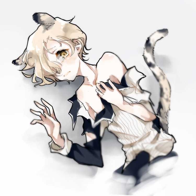 1boy animal_ears bare_shoulders duizhang gokotai kemonomimi_mode lying male_focus on_side tail tiger_ears tiger_tail torn_clothes touken_ranbu white_hair yellow_eyes