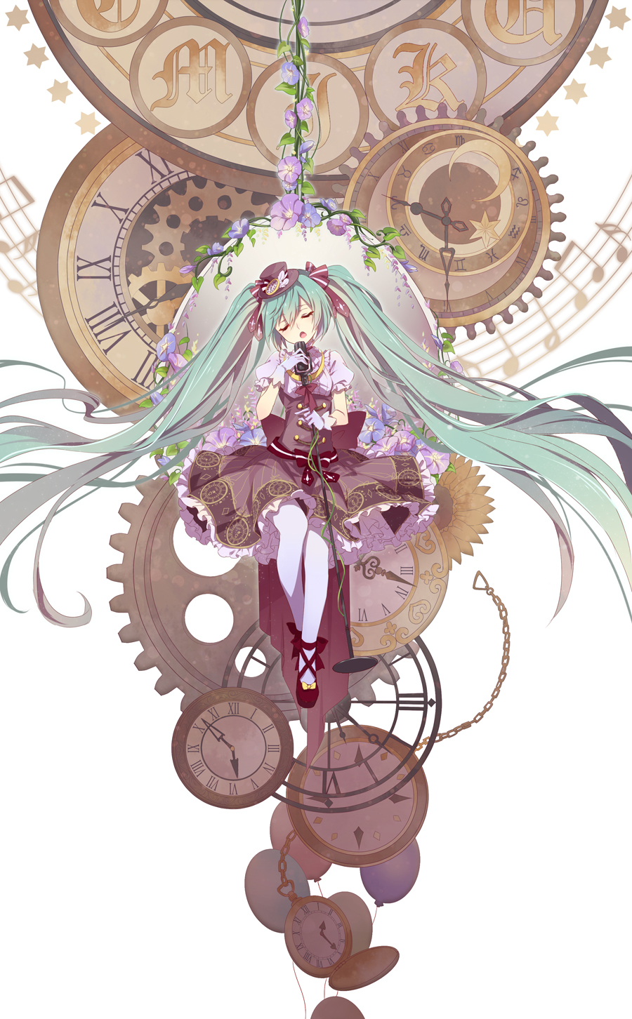 1girl aqua_hair clock closed_eyes dress gloves hat hatsune_miku highres long_hair microphone minland4099 open_mouth sitting solo twintails very_long_hair vocaloid white_gloves white_legwear