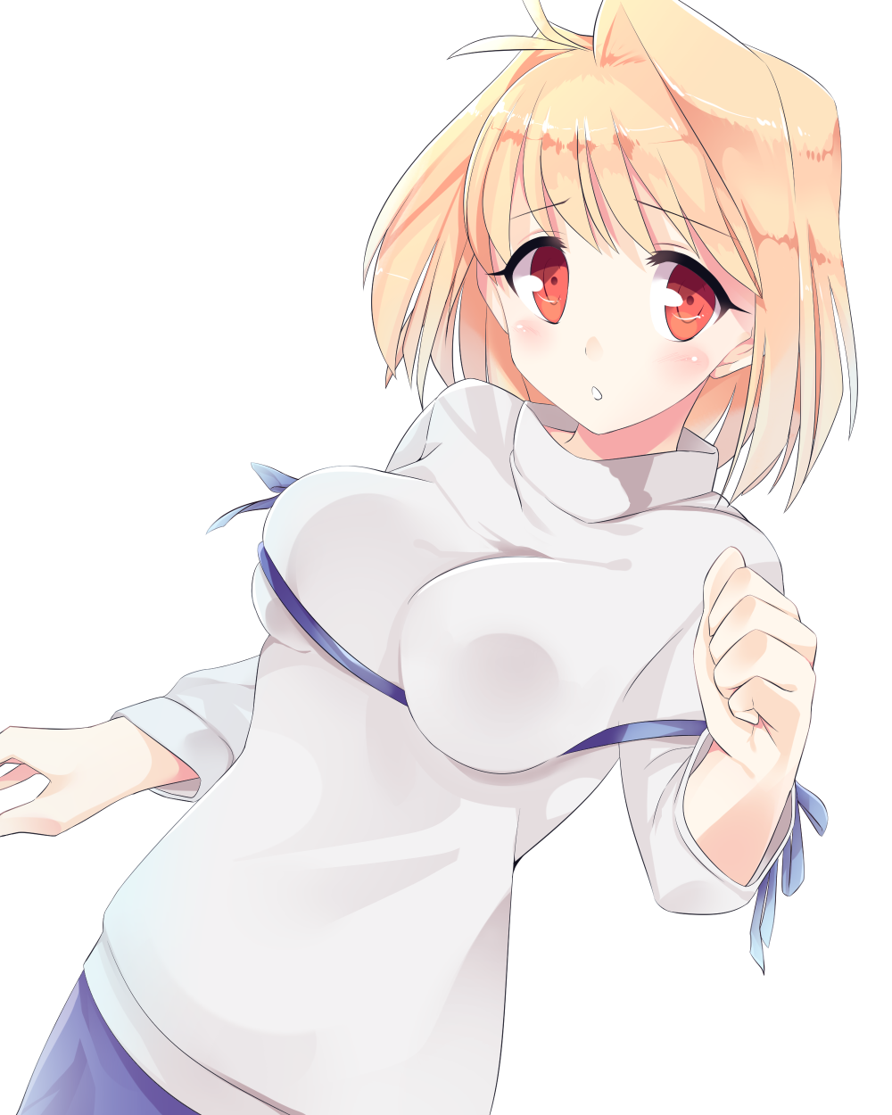 1girl antenna_hair arcueid_brunestud breasts going_9240 hair_intakes highres impossible_clothes impossible_sweater large_breasts parody rei_no_himo ribbon solo sweater tsukihime turtleneck