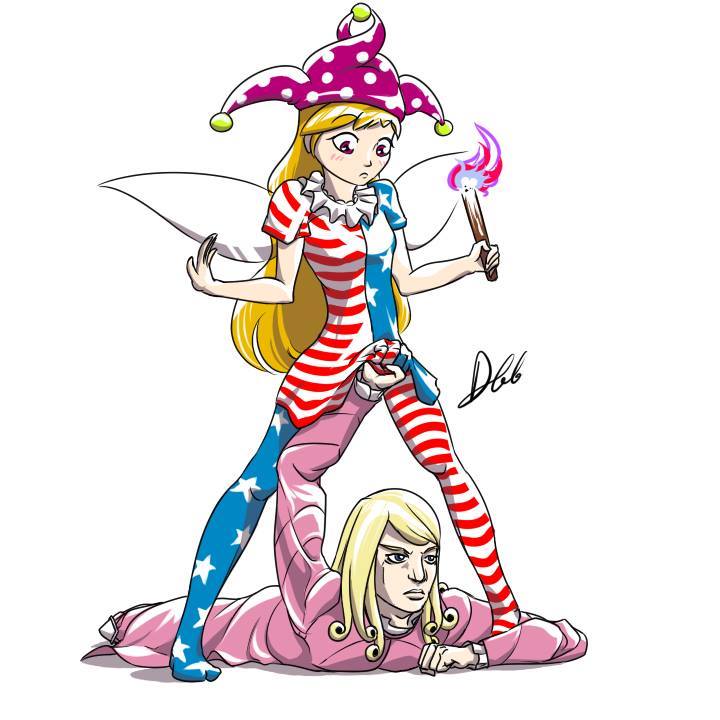 1boy 1girl america american_flag_legwear american_flag_shirt blonde_hair clownpiece crossover fairy fairy_wings funny_valentine hat jester_cap jojo_no_kimyou_na_bouken pantyhose steel_ball_run torch touhou wings