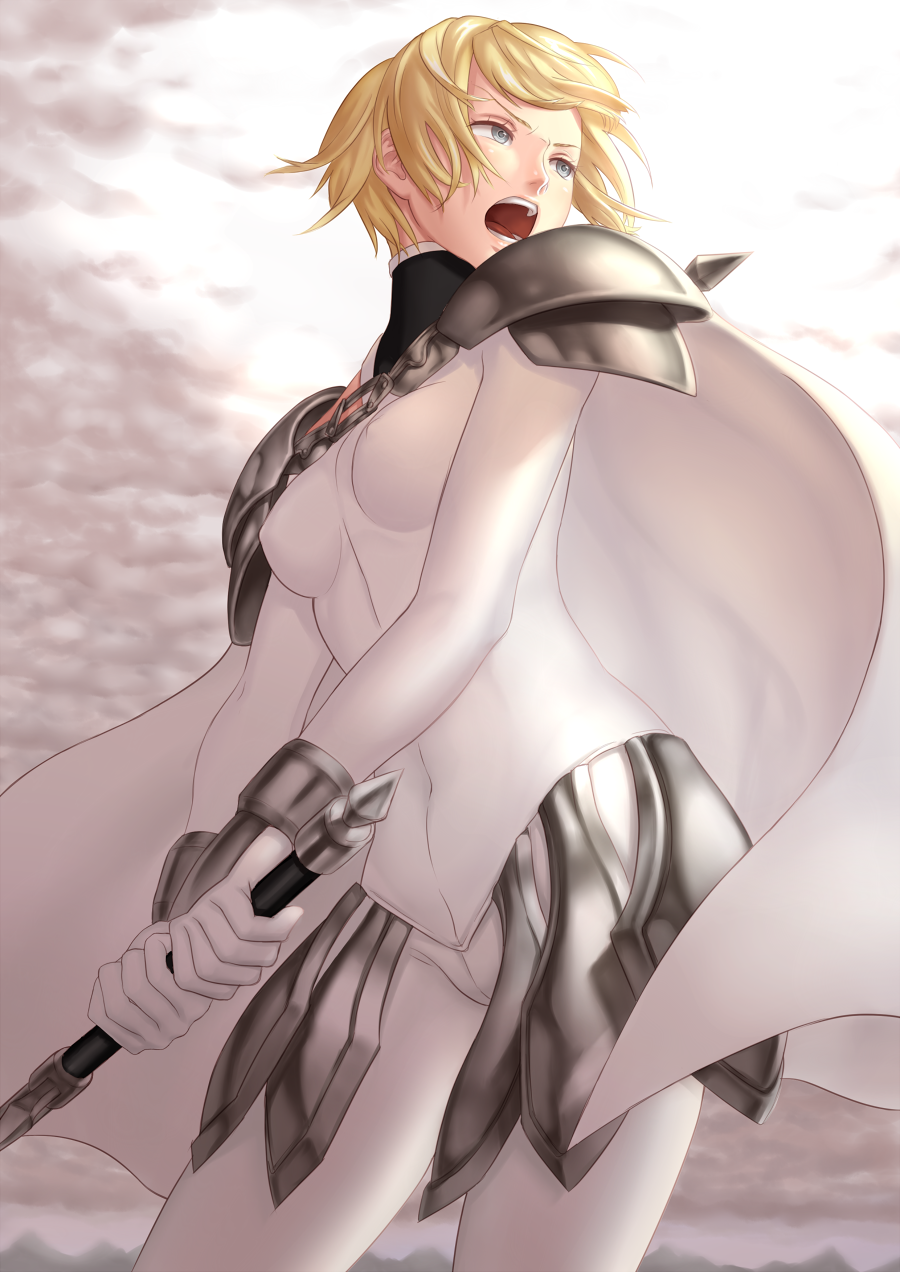1girl armor artist_request blonde_hair bodysuit cape character_request claymore claymore_(sword) clouds highres open_mouth pauldrons sketch solo tongue