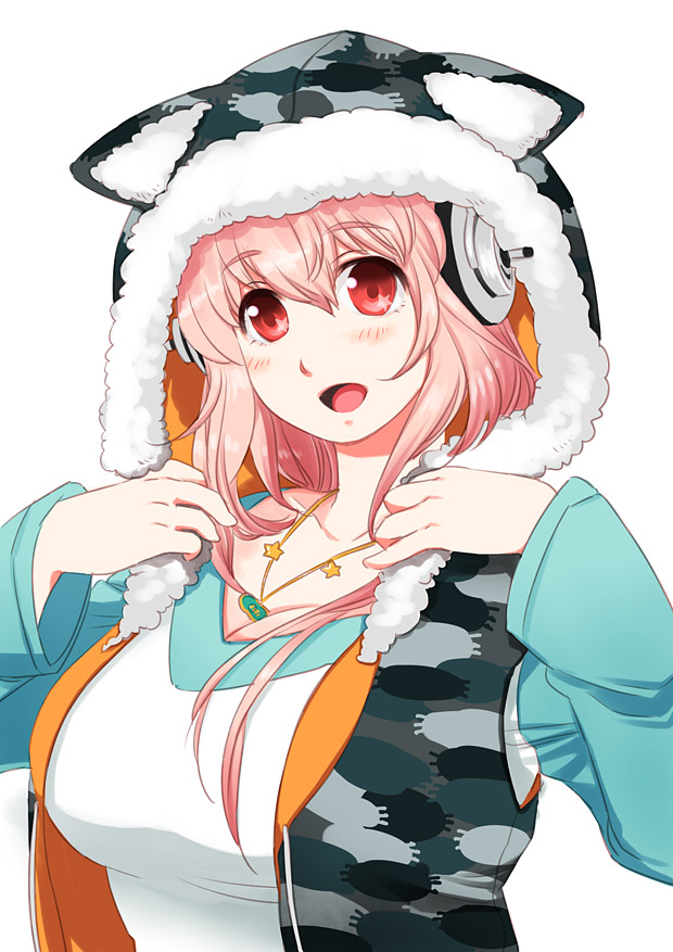 1girl blush breasts cleavage headphones hoodie large_breasts long_hair looking_at_viewer nitroplus open_mouth pink_hair pom_pom_(clothes) red_eyes sleeveless sleeveless_hoodie smile solo super_sonico waniwani