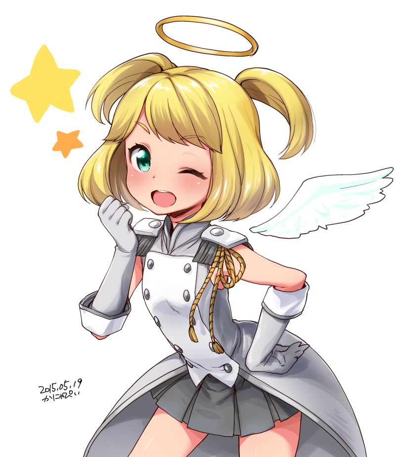 1girl angel_wings bangs blonde_hair blush character_request copyright_request elbow_gloves gloves green_eyes halo hand_on_hip kanya_pyi one_eye_closed open_mouth short_hair short_twintails skirt smile solo twintails wings