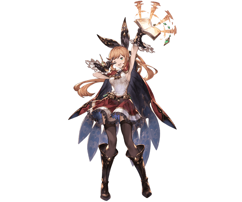 1girl ;d aqua_eyes arm_up black_gloves black_ribbon book cape clarisse_(granblue_fantasy) frilled_gloves frills full_body gloves granblue_fantasy hair_ribbon holding holding_book light_brown_hair long_hair minaba_hideo miniskirt official_art one_eye_closed open_book open_mouth red_skirt ribbon skirt smile solo standing thigh-highs transparent_background v v_over_eye zettai_ryouiki