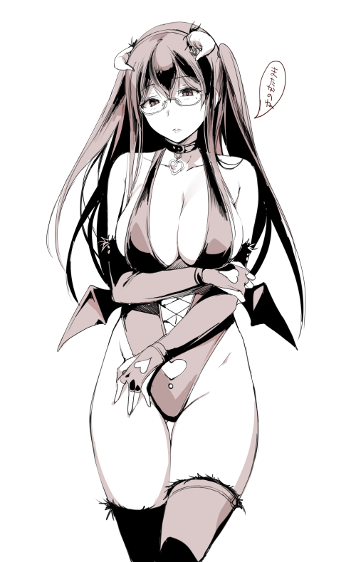 1girl breasts cleavage collar collarbone demon_girl demon_horns fingerless_gloves fur-trimmed_legwear gloves hand_on_own_arm heart_cutout highleg highleg_leotard horns large_breasts leotard low_wings mole mole_under_eye monochrome sakuramachi_fuyuko sasamori_tomoe simple_background solo succubus succubus_stayed_life thigh-highs two_side_up white_background wings