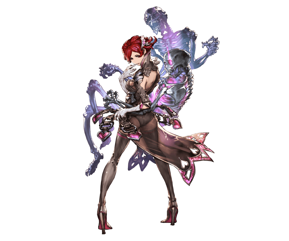 1girl ass back biting black_boots black_legwear boots from_behind full_body glove_biting glove_pull gloves granblue_fantasy high_heel_boots high_heels lady_grey looking_back minaba_hideo official_art red_eyes redhead see-through short_hair skeleton solo thigh-highs thigh_boots transparent_background white_gloves