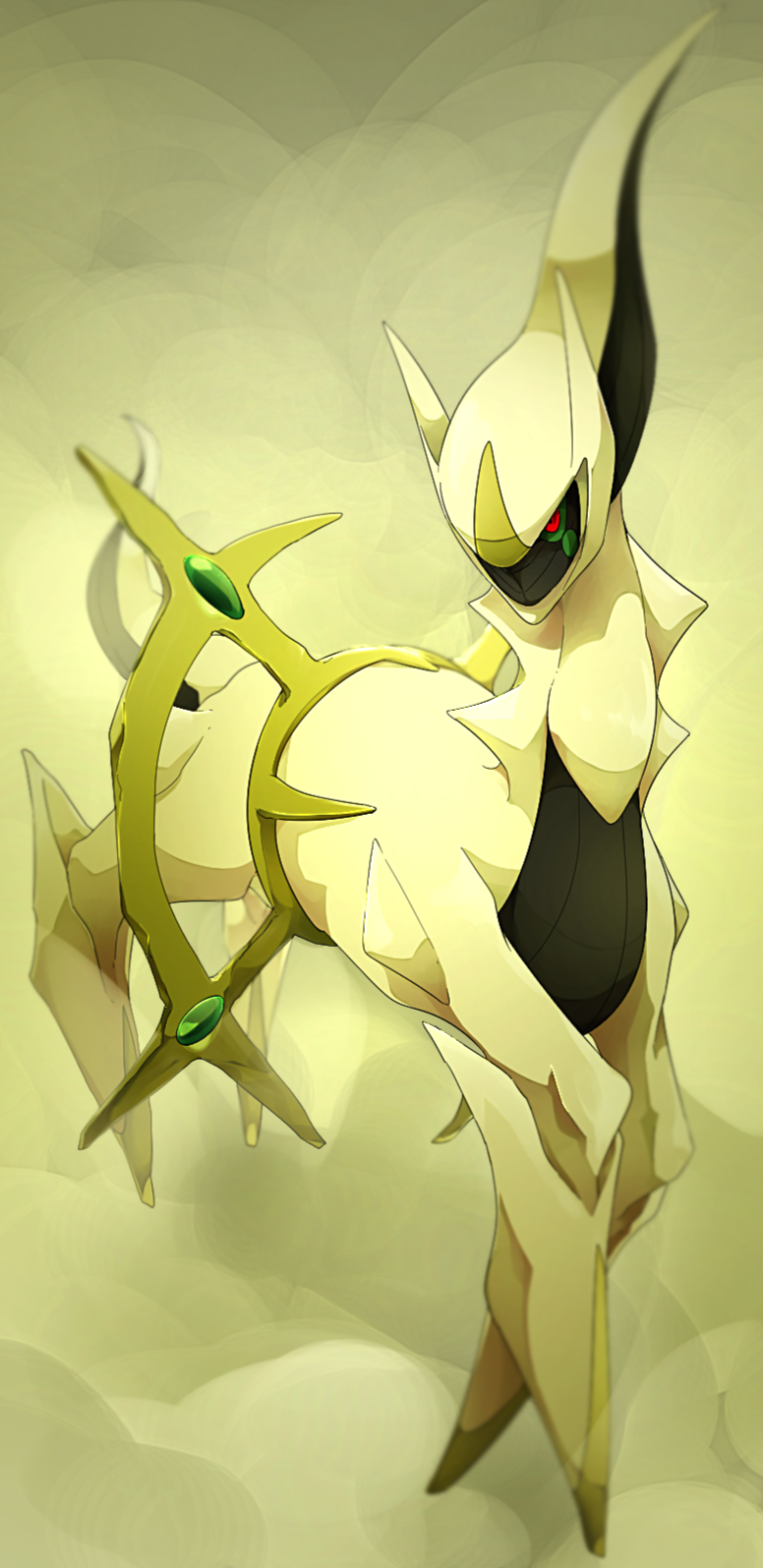 animal_focus arceus colored_sclera flame-tipped_tail full_body gem glowing glowing_eyes highres kura_(shironagasu02) looking_at_viewer metal no_humans no_mouth pokemon pokemon_(creature) red_eyes solo spikes spot_color tail tendril