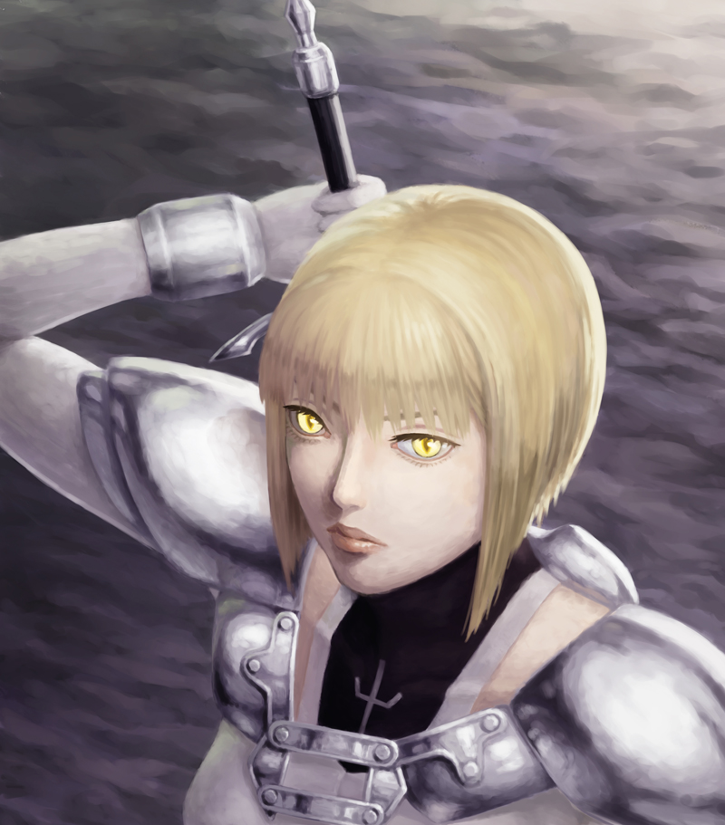 armor artist_request blonde_hair clare_(claymore) claymore claymore_(sword) clouds collarbone lips looking_at_viewer pauldrons short_hair yellow_eyes