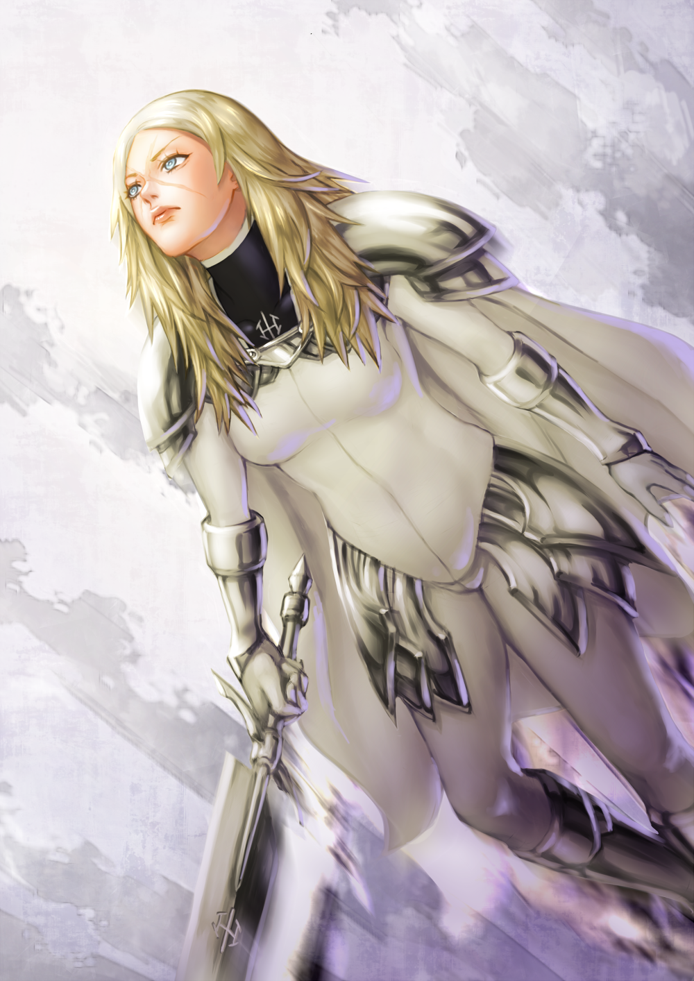 1girl armor artist_request blonde_hair bodysuit boots cape claymore claymore_(sword) grey_eyes highres long_hair miria pauldrons scar solo symbol vambraces