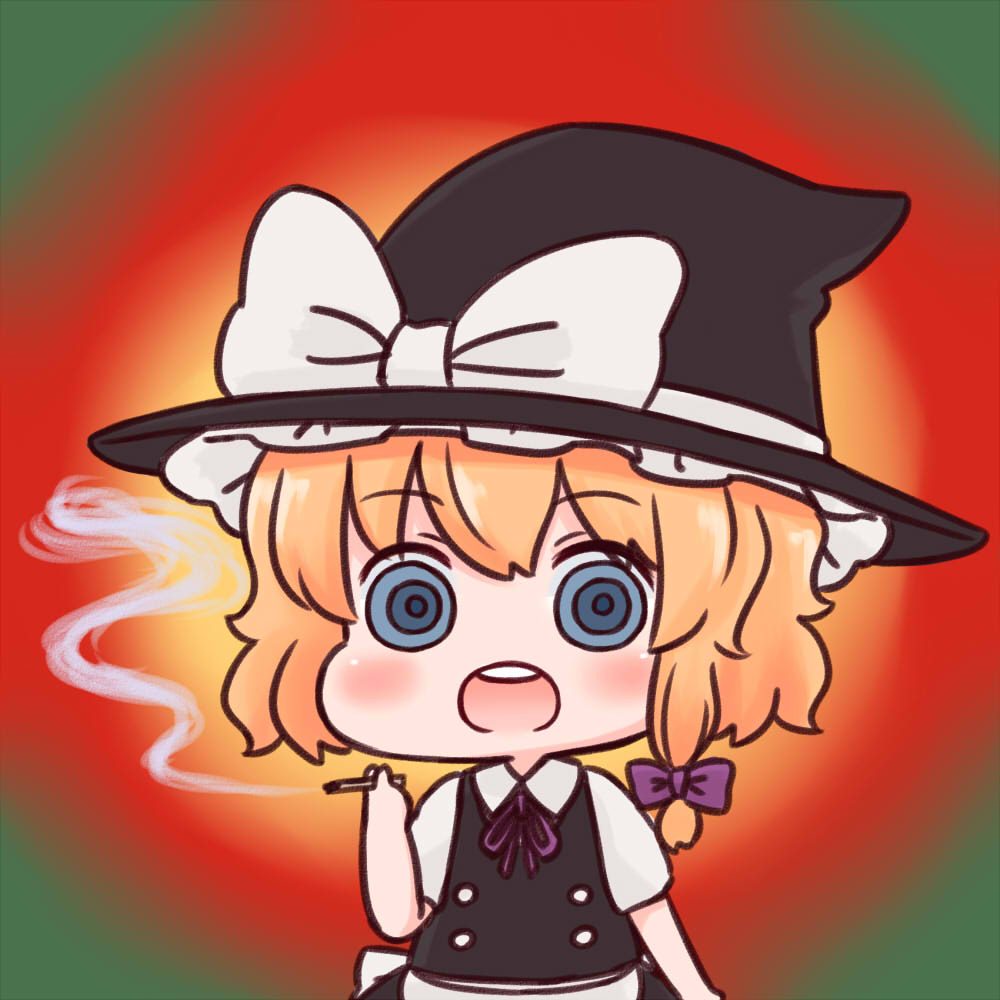 1girl batta_(ijigen_debris) blonde_hair blue_eyes bow chibi drugged hair_bow hat hat_bow kirisame_marisa marijuana open_mouth solo touhou witch_hat