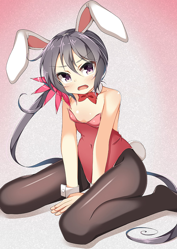 1girl akebono_(kantai_collection) alternate_costume animal_ears bare_shoulders barefoot bell black_legwear blush bowtie breasts bunny_girl bunny_tail bunnysuit cleavage detached_collar fake_animal_ears fake_animal_tail flower hair_bell hair_flower hair_ornament kankitsunabe_(citrus) kantai_collection long_hair looking_at_viewer open_mouth pantyhose purple_hair rabbit_ears side_ponytail sitting solo tail v_arms very_long_hair violet_eyes wariza wrist_cuffs