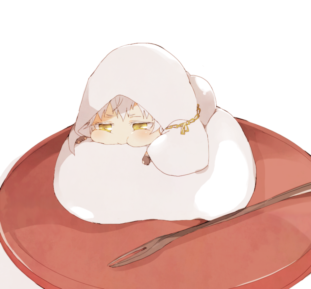 1boy :i food hiiragi_fuyuki hood male_focus miniboy mochi plate touken_ranbu tsurumaru_kuninaga wagashi white_hair yellow_eyes