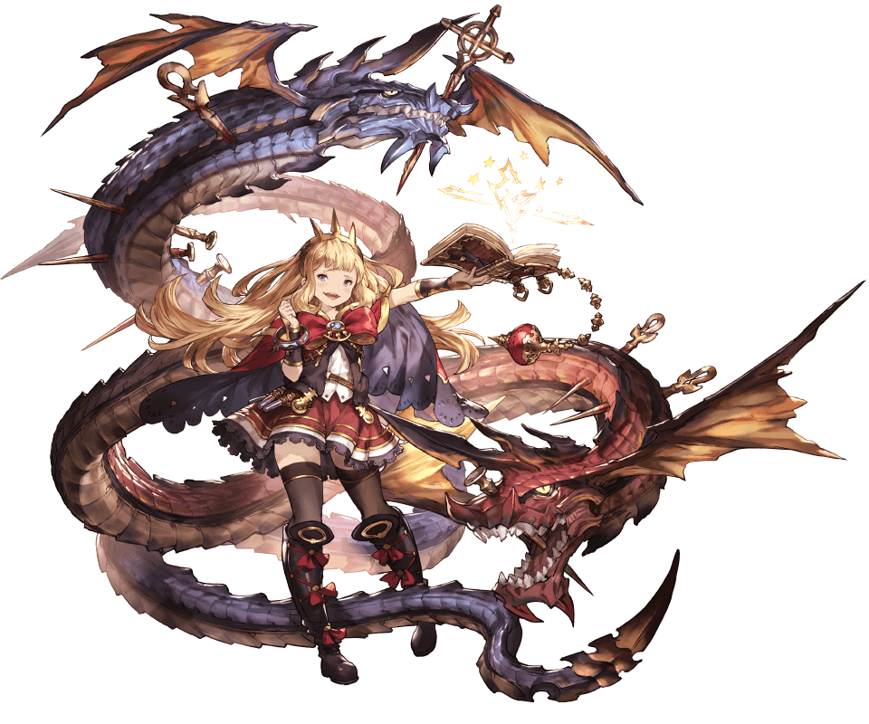 1girl :d bangle black_boots black_legwear blonde_hair blush book boots bow bracelet bracer cagliostro_(granblue_fantasy) dragon full_body granblue_fantasy holding holding_book jewelry long_hair minaba_hideo nail official_art open_book open_mouth red_bow red_skirt skirt smile sneer solo thigh-highs tiara transparent_background vial violet_eyes zettai_ryouiki