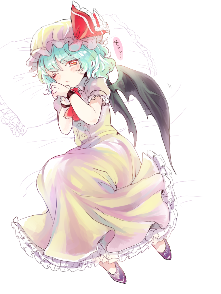 1girl aqua_hair ascot bat_wings blush commentary_request dress frilled_dress frills hat hat_ribbon lying mob_cap on_side one_eye_closed pillow pink_dress puffy_short_sleeves puffy_sleeves red_eyes remilia_scarlet ribbon rosette_(roze-ko) short_sleeves solo touhou wings wrist_cuffs
