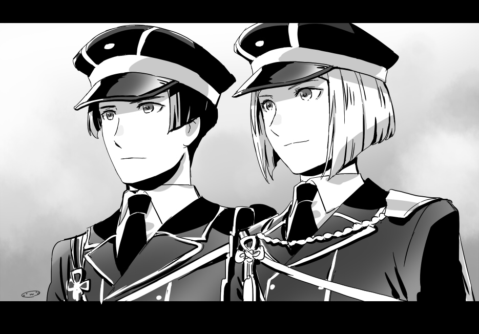 2boys bangs bob_cut double-breasted hat hirano_toushirou letterboxed maeda_toushirou male_focus military military_uniform mizuhara_aki monochrome multiple_boys necktie older peaked_cap short_hair touken_ranbu uniform