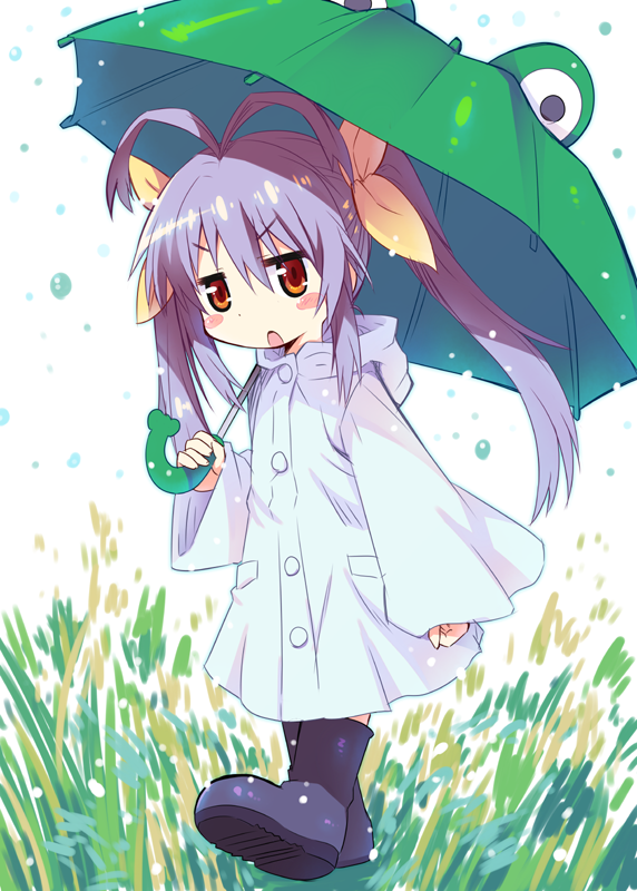 1girl antenna_hair blush blush_stickers boots hair_ribbon kanibasami long_hair miyauchi_renge non_non_biyori open_mouth purple_hair raincoat red_eyes ribbon solo triangle_mouth twintails