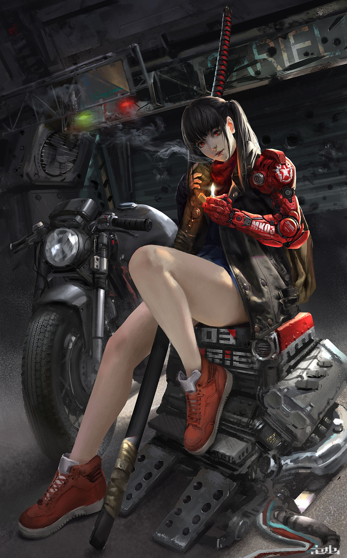 bare_legs black_hair cigarette highres katana kouchong_wen leather_jacket lighter long_hair looking_at_viewer mechanical_arm red_eyes shoes sneakers sword twintails weapon