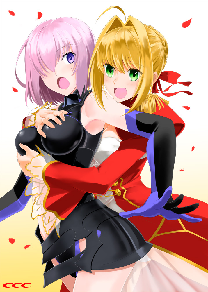 2girls :d ahoge armor bare_shoulders blonde_hair breast_grab breasts dress elbow_gloves epaulettes fate/extra fate/grand_order fate_(series) gloves gradient gradient_background green_eyes hair_over_one_eye hair_ribbon hug hug_from_behind impossible_clothes juliet_sleeves large_breasts long_sleeves multiple_girls open_mouth petals pink_hair puffy_sleeves ribbon saber_extra see-through shielder_(fate/grand_order) shiny shiny_hair shirotsumekusa short_hair smile sweatdrop violet_eyes