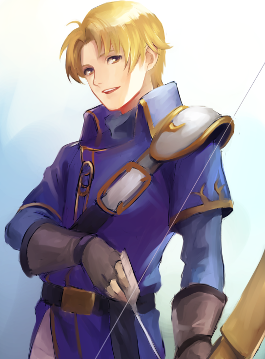 1boy arrow blonde_hair bow_(weapon) fire_emblem fire_emblem:_fuuin_no_tsurugi gloves klein_(fire_emblem) open_mouth solo weapon yellow_eyes