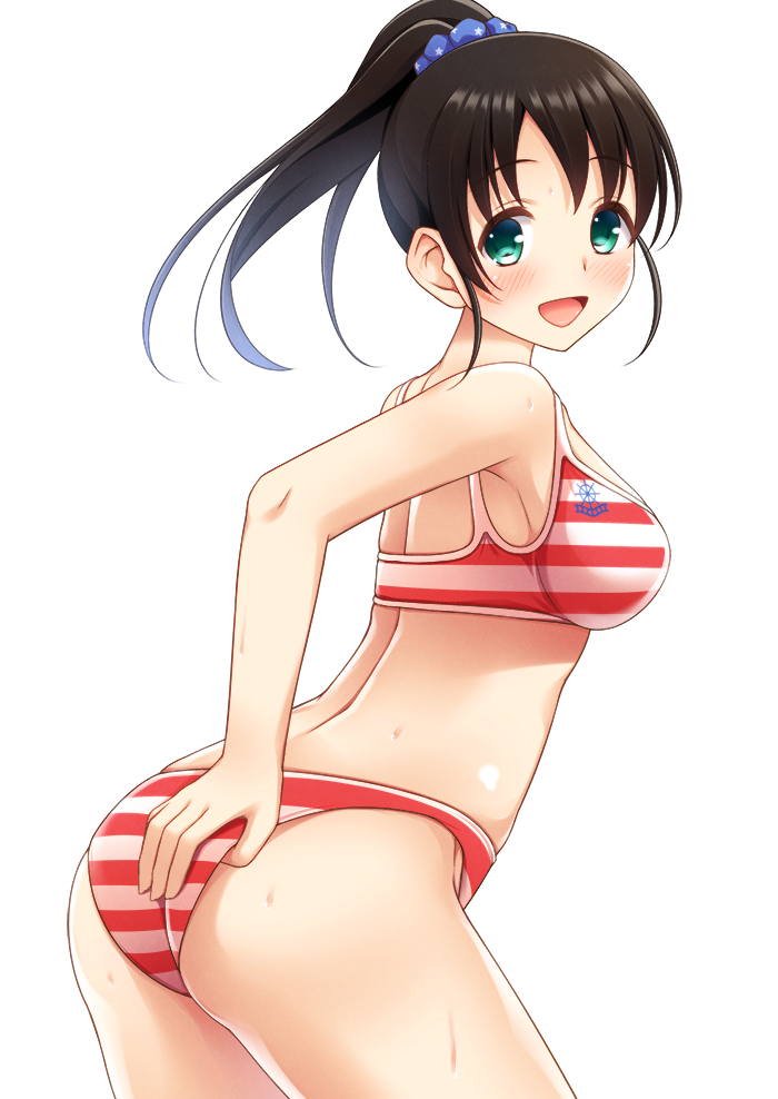 1girl aqua_eyes ass bikini black_hair blue_eyes harada_miyo idolmaster idolmaster_cinderella_girls long_hair open_mouth ponytail print_scrunchie scrunchie smile solo star_print striped striped_bikini striped_swimsuit swimsuit umihotaru_harumare